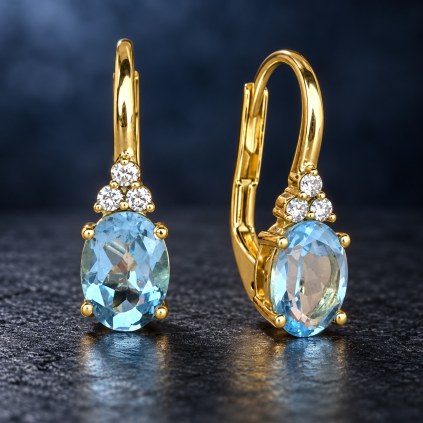 zlaté náušnice akvamarín diamant